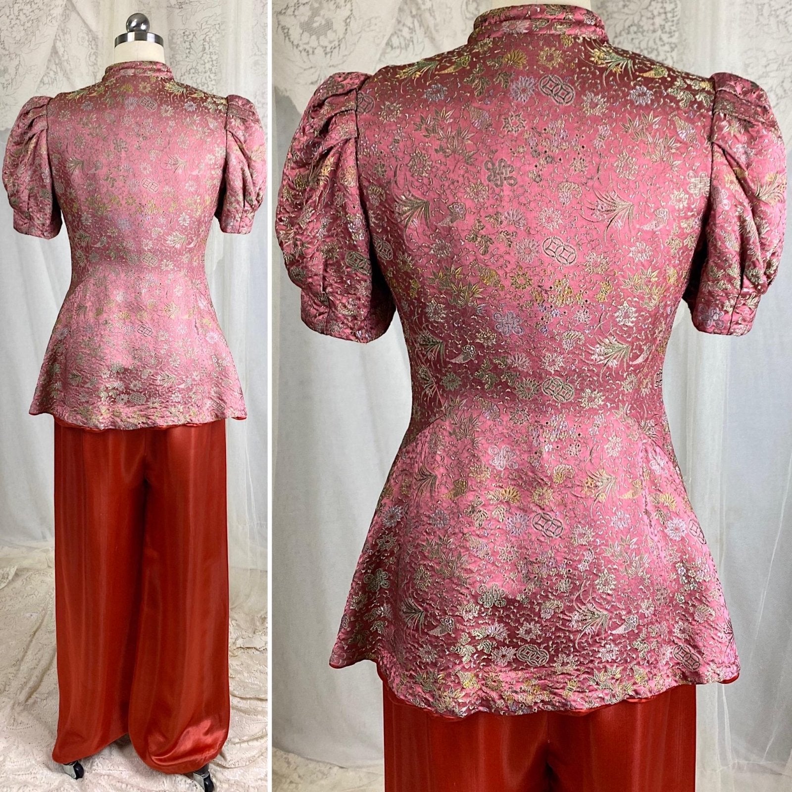 Vintage 1930's Chinese Lounge Set | Rust Red Silk Pants with Rich Mauve & Botanical Brocade Print Trapunto Top | S, M - Daggers & Dames
