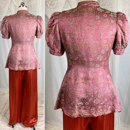 Vintage 1930's Chinese Lounge Set | Rust Red Silk Pants with Rich Mauve & Botanical Brocade Print Trapunto Top | S, M - Daggers & Dames