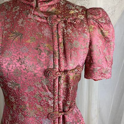 Vintage 1930's Chinese Lounge Set | Rust Red Silk Pants with Rich Mauve & Botanical Brocade Print Trapunto Top | S, M - Daggers & Dames