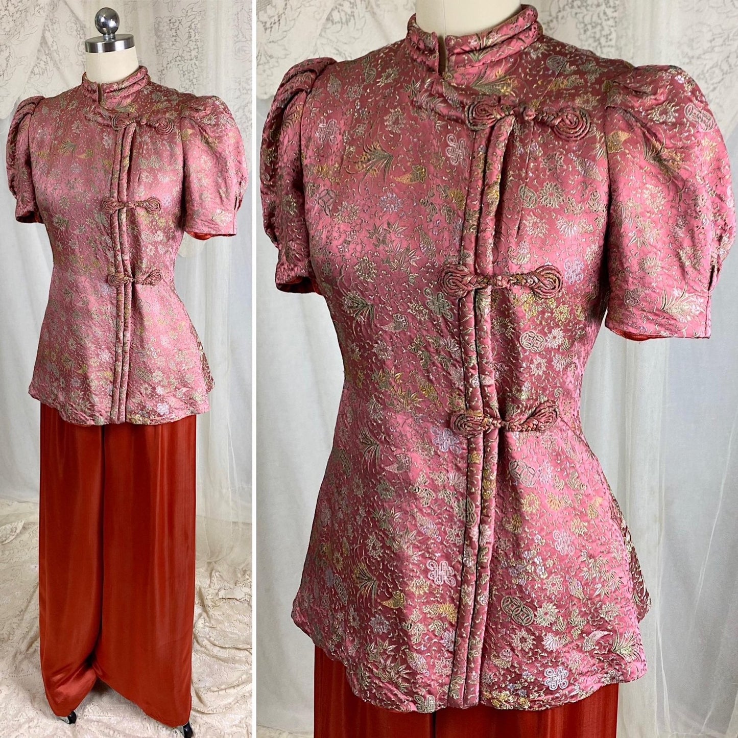 Vintage 1930's Chinese Lounge Set | Rust Red Silk Pants with Rich Mauve & Botanical Brocade Print Trapunto Top | S, M - Daggers & Dames