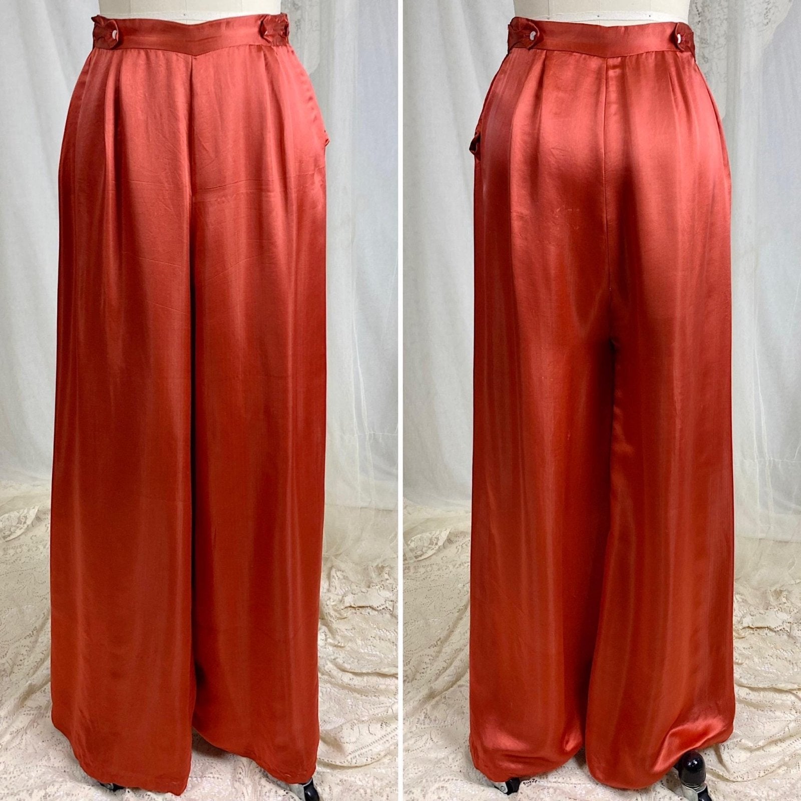 Vintage 1930's Chinese Lounge Set | Rust Red Silk Pants with Rich Mauve & Botanical Brocade Print Trapunto Top | S, M - Daggers & Dames