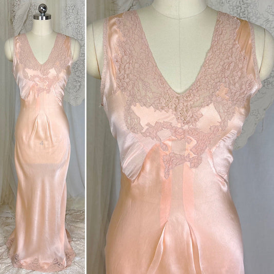 Vintage 1930's Coral Pink Silk Nightgown with Warm Nude Lace Appliqués - by Miss Swank, size XS, S, M - Daggers & Dames