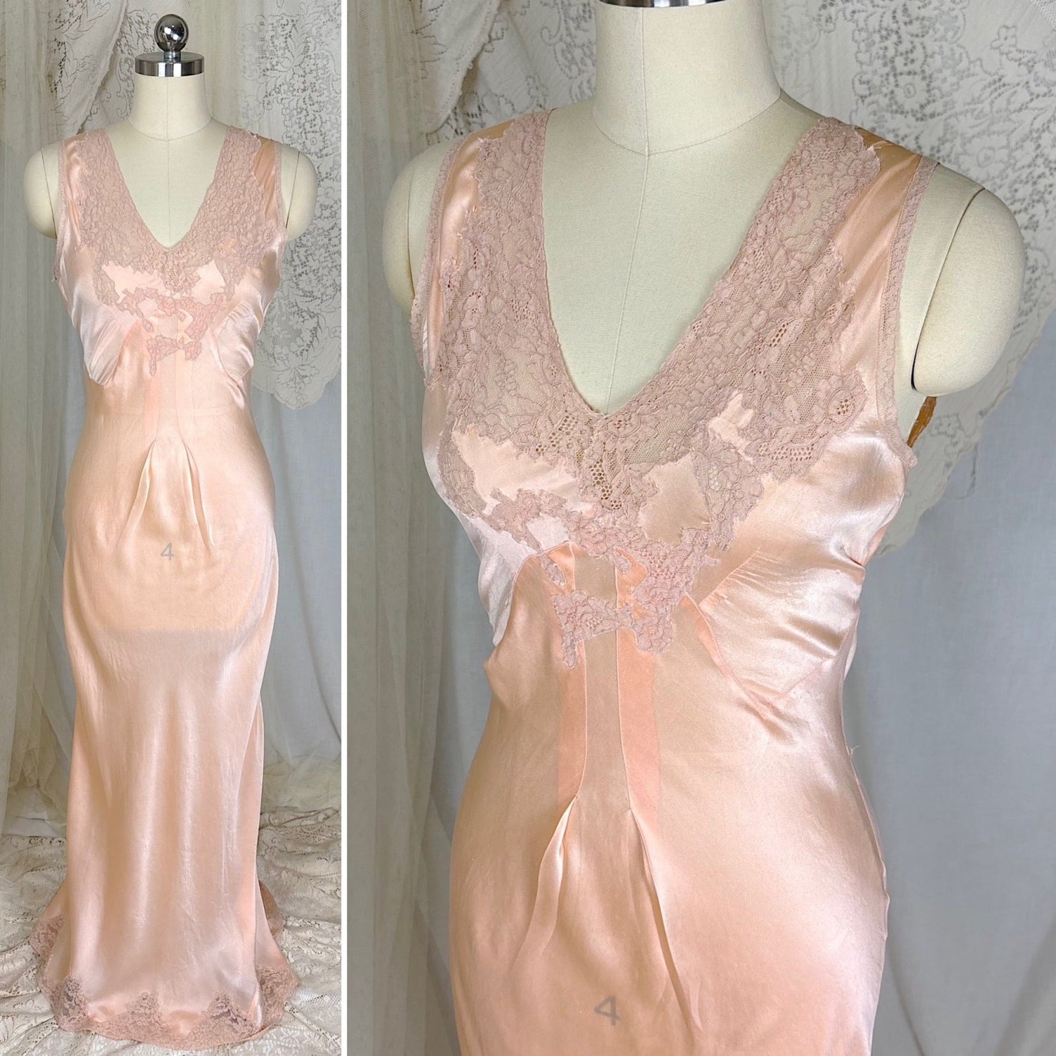 Vintage 1930's Coral Pink Silk Nightgown with Warm Nude Lace Appliqués - by Miss Swank, size XS, S, M - Daggers & Dames