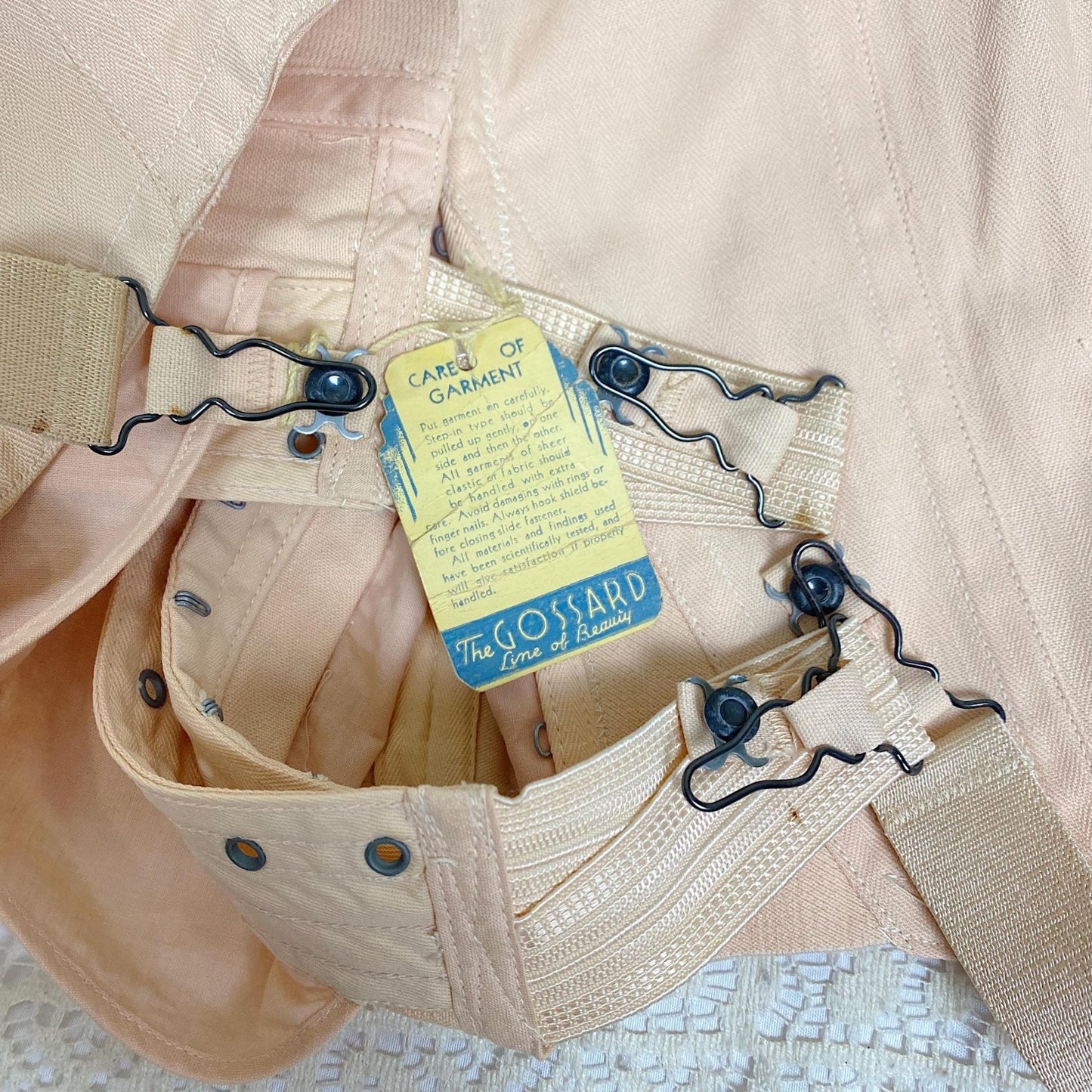 Vintage 1930's Corselette - Pale Peach Chevron Rayon - Cotton blend with Lace & Corset Lacing - Size 36 - 38 B - By Gossard, New with Tags - Daggers & Dames