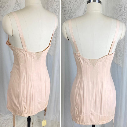 Vintage 1930's Corselette - Pale Peach Chevron Rayon - Cotton blend with Lace & Corset Lacing - Size 36 - 38 B - By Gossard, New with Tags - Daggers & Dames