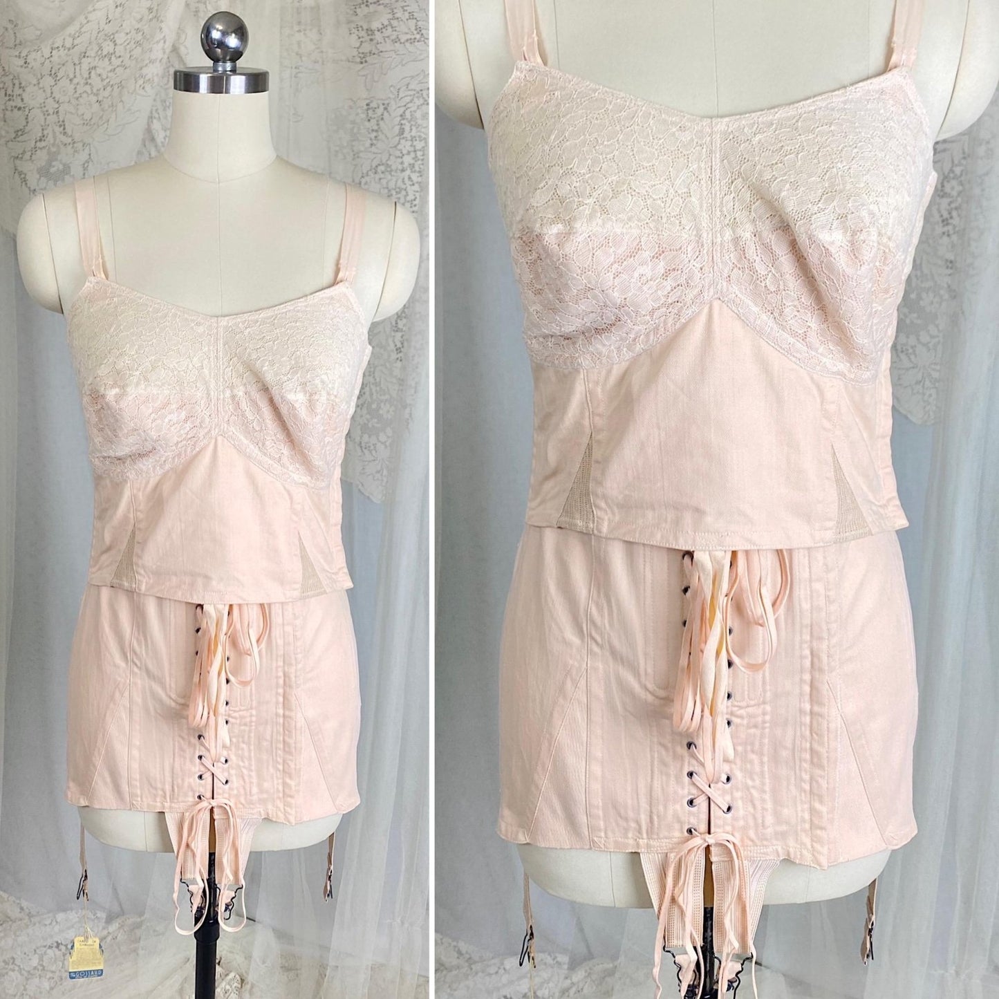 Vintage 1930's Corselette - Pale Peach Chevron Rayon - Cotton blend with Lace & Corset Lacing - Size 36 - 38 B - By Gossard, New with Tags - Daggers & Dames