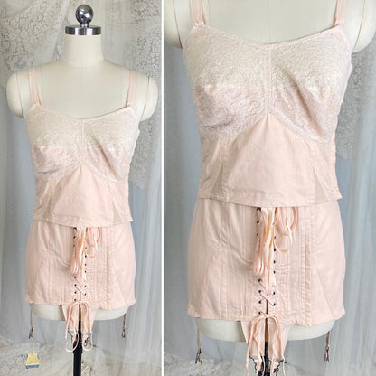 Vintage 1930's Corselette - Pale Peach Chevron Rayon - Cotton blend with Lace & Corset Lacing - Size 36 - 38 B - By Gossard, New with Tags - Daggers & Dames