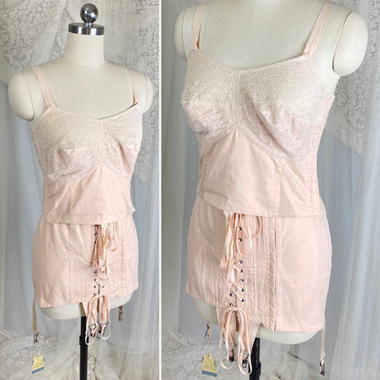Vintage 1930's Corselette - Pale Peach Chevron Rayon - Cotton blend with Lace & Corset Lacing - Size 36 - 38 B - By Gossard, New with Tags - Daggers & Dames