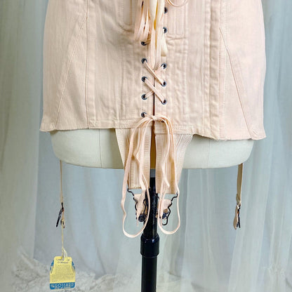 Vintage 1930's Corselette - Pale Peach Chevron Rayon - Cotton blend with Lace & Corset Lacing - Size 36 - 38 B - By Gossard, New with Tags - Daggers & Dames
