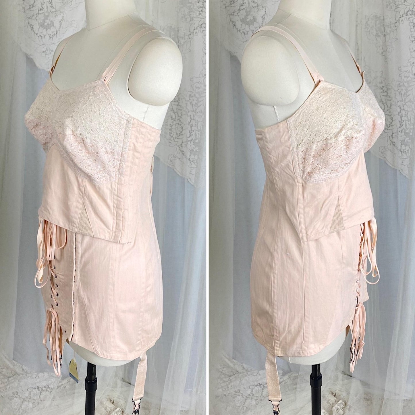 Vintage 1930's Corselette - Pale Peach Chevron Rayon - Cotton blend with Lace & Corset Lacing - Size 36 - 38 B - By Gossard, New with Tags - Daggers & Dames