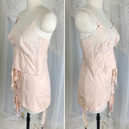 Vintage 1930's Corselette - Pale Peach Chevron Rayon - Cotton blend with Lace & Corset Lacing - Size 36 - 38 B - By Gossard, New with Tags - Daggers & Dames