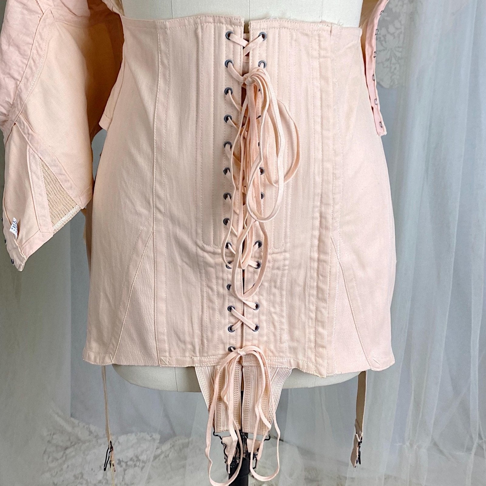Vintage 1930's Corselette - Pale Peach Chevron Rayon - Cotton blend with Lace & Corset Lacing - Size 36 - 38 B - By Gossard, New with Tags - Daggers & Dames
