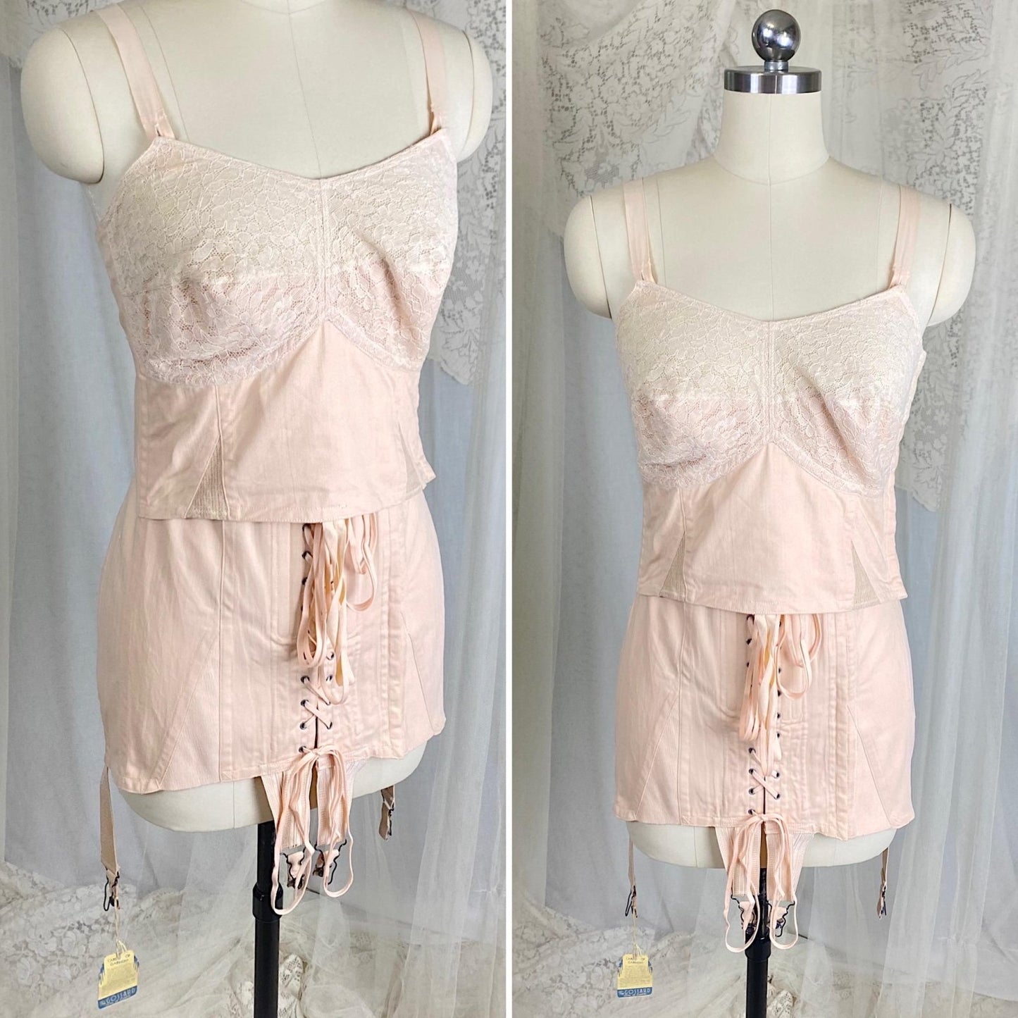 Vintage 1930's Corselette - Pale Peach Chevron Rayon - Cotton blend with Lace & Corset Lacing - Size 36 - 38 B - By Gossard, New with Tags - Daggers & Dames