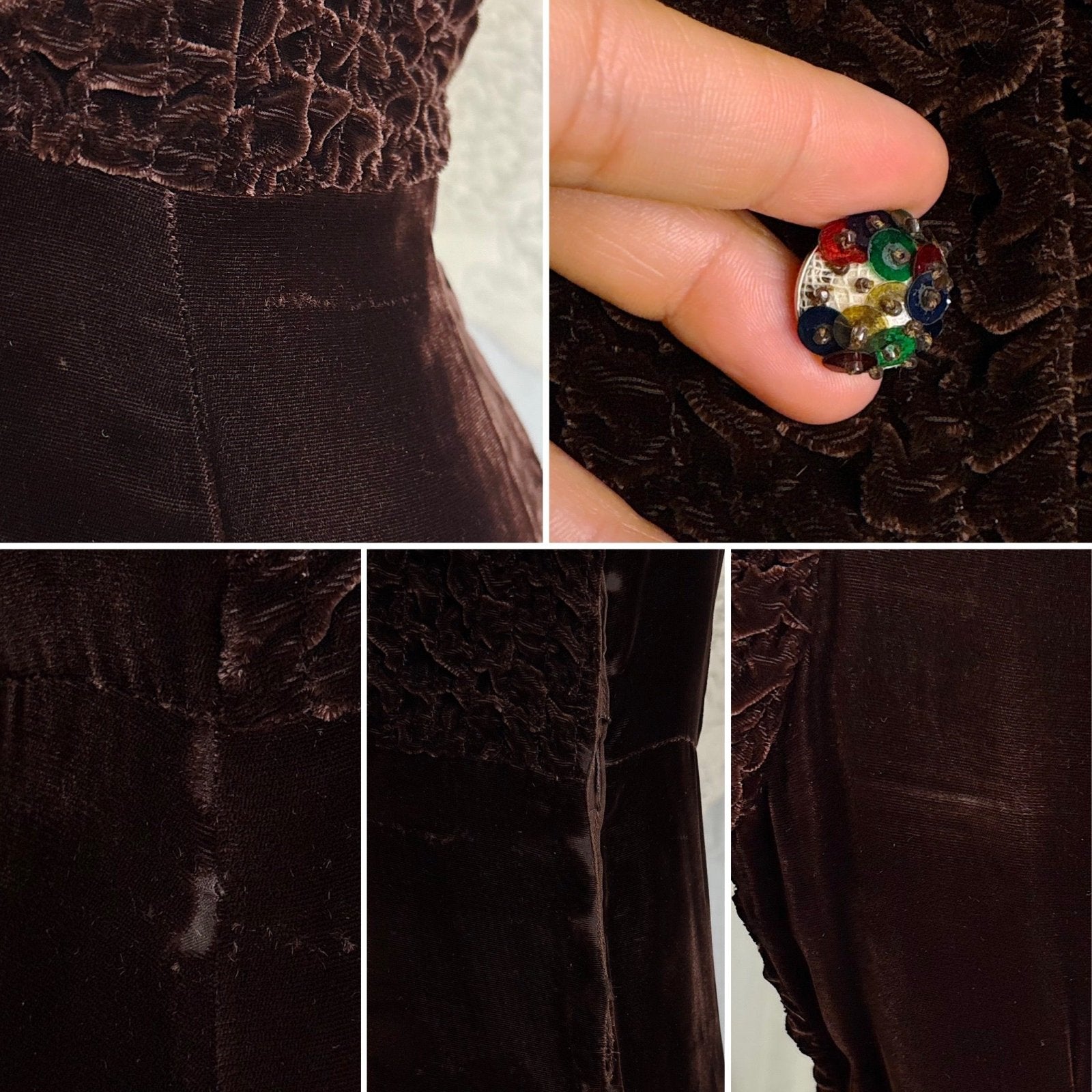 Vintage 1930's Deep Mocha Brown Velvet Dress with Iridescent Sequin Buttons - By The Hecht Co., Size S - Daggers & Dames