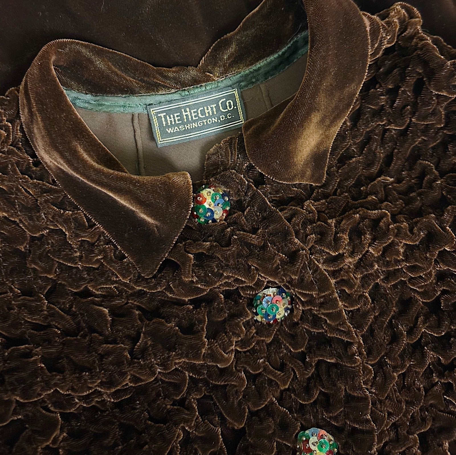 Vintage 1930's Deep Mocha Brown Velvet Dress with Iridescent Sequin Buttons - By The Hecht Co., Size S - Daggers & Dames