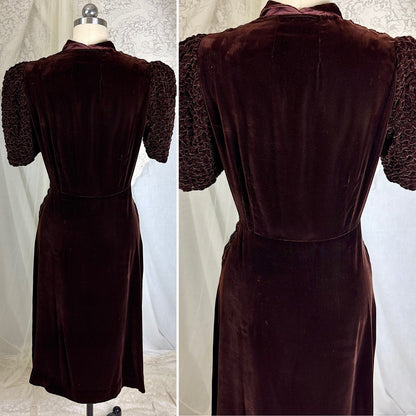 Vintage 1930's Deep Mocha Brown Velvet Dress with Iridescent Sequin Buttons - By The Hecht Co., Size S - Daggers & Dames