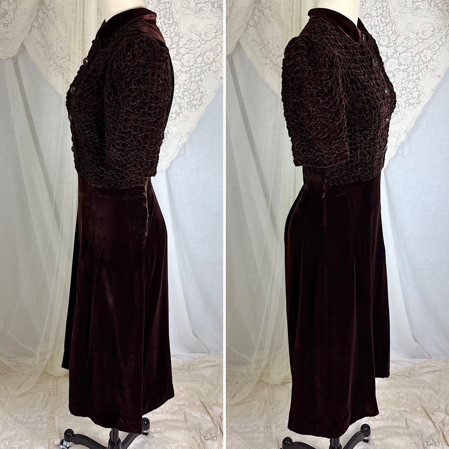 Vintage 1930's Deep Mocha Brown Velvet Dress with Iridescent Sequin Buttons - By The Hecht Co., Size S - Daggers & Dames