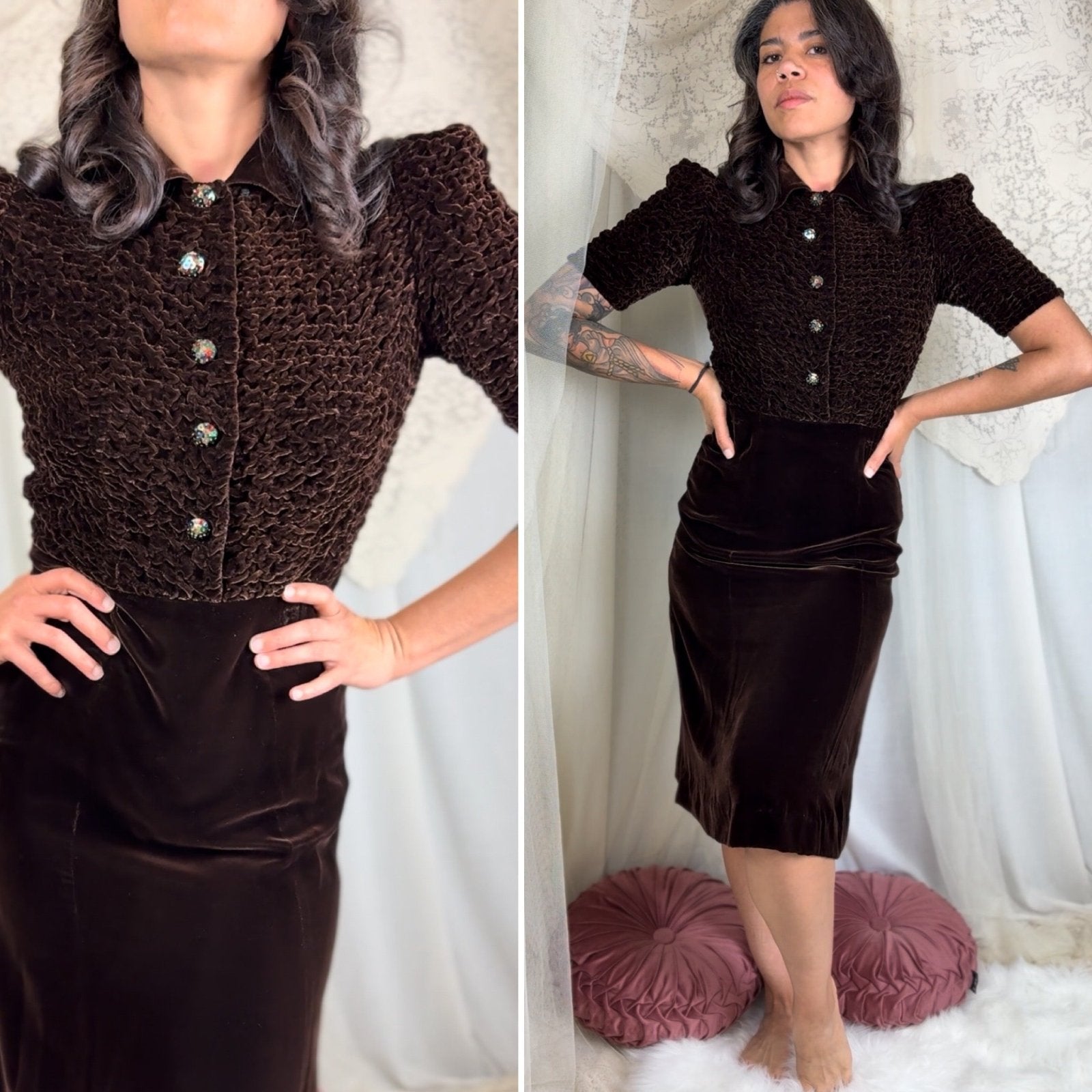 Vintage 1930's Deep Mocha Brown Velvet Dress with Iridescent Sequin Buttons - By The Hecht Co., Size S - Daggers & Dames