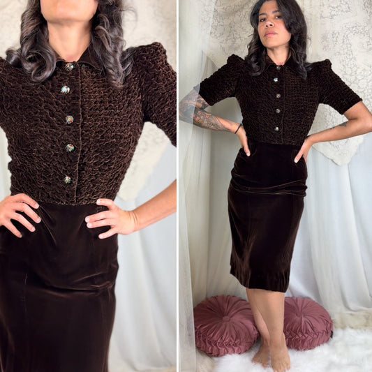 Vintage 1930's Deep Mocha Brown Velvet Dress with Iridescent Sequin Buttons - By The Hecht Co., Size S - Daggers & Dames