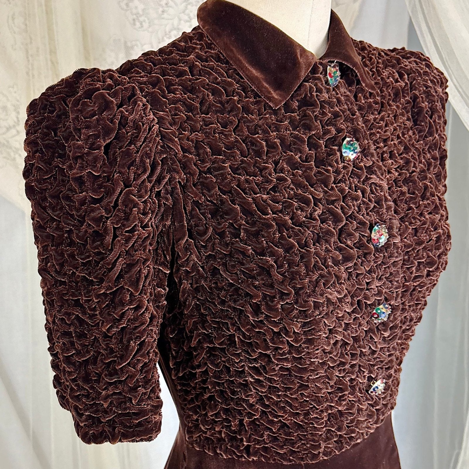 Vintage 1930's Deep Mocha Brown Velvet Dress with Iridescent Sequin Buttons - By The Hecht Co., Size S - Daggers & Dames