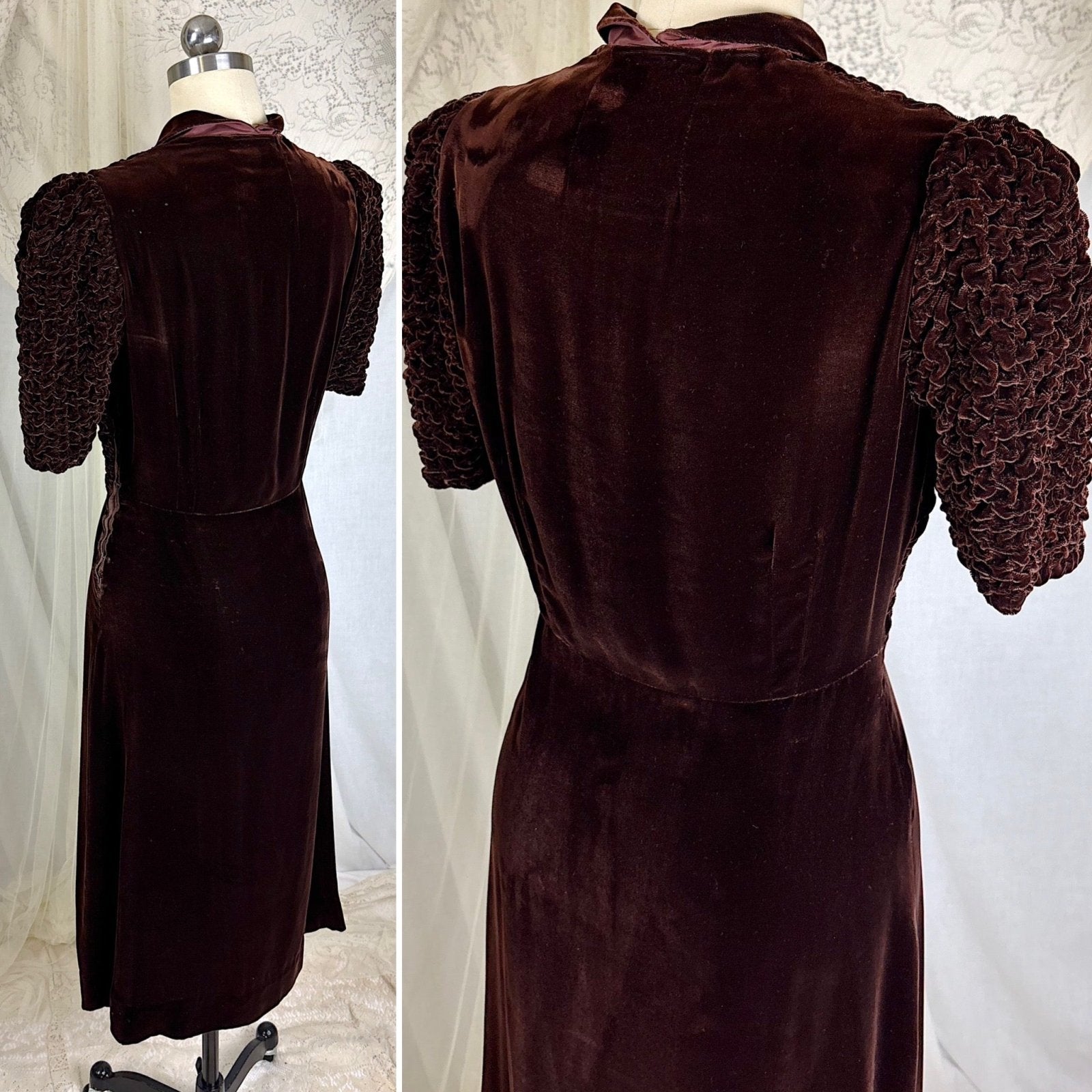Vintage 1930's Deep Mocha Brown Velvet Dress with Iridescent Sequin Buttons - By The Hecht Co., Size S - Daggers & Dames
