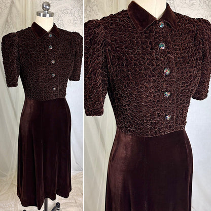 Vintage 1930's Deep Mocha Brown Velvet Dress with Iridescent Sequin Buttons - By The Hecht Co., Size S - Daggers & Dames