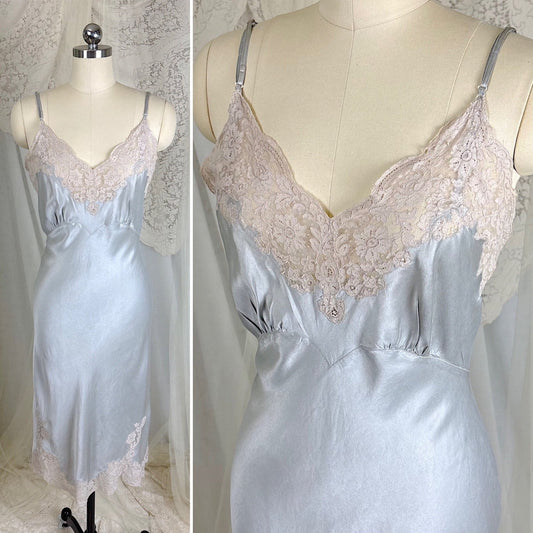 Vintage 1930's Dove Gray Silk Satin with ivory Lace Appliqués by Chevette, Size M, LG - Daggers & Dames