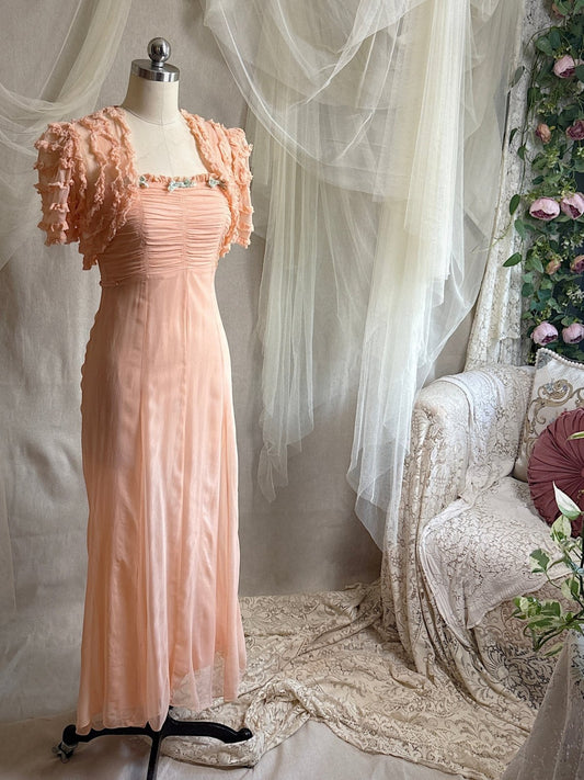 Vintage 1930's Dress & Bolero Set - Coral Pink Silk Crepe Chiffon with Ruched Detail | XS - Daggers & Dames