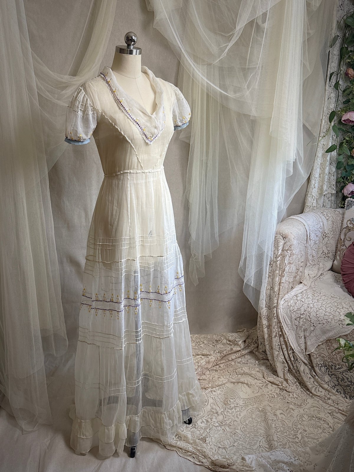 Vintage 1930's Dress - Semi - Sheer Bone White Silk Organza with Open Back | XS - Daggers & Dames