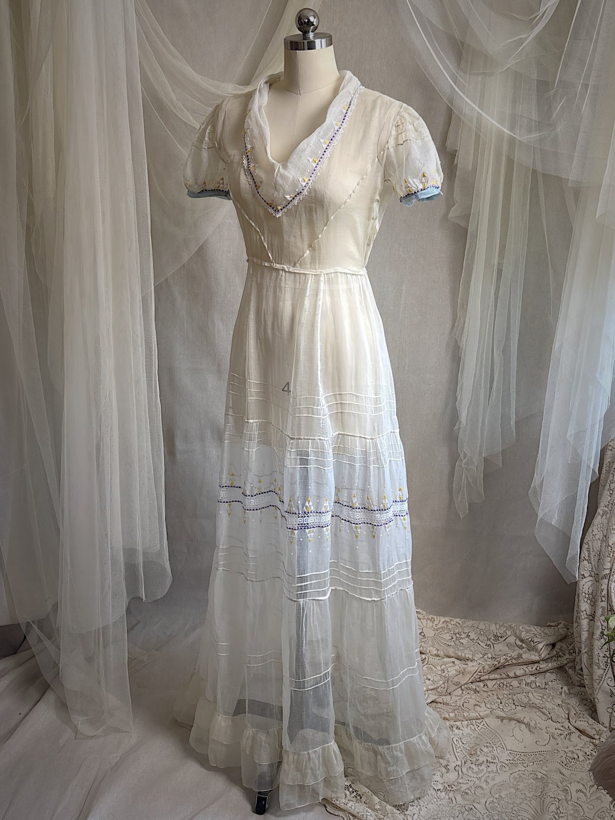 Vintage 1930's Dress - Semi - Sheer Bone White Silk Organza with Open Back | XS - Daggers & Dames