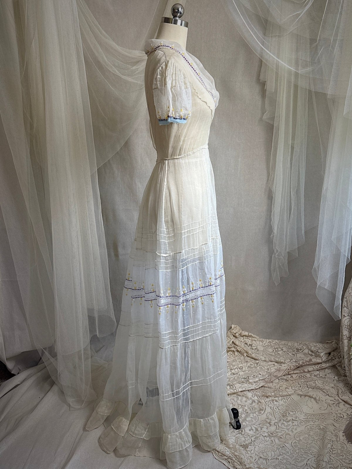 Vintage 1930's Dress - Semi - Sheer Bone White Silk Organza with Open Back | XS - Daggers & Dames
