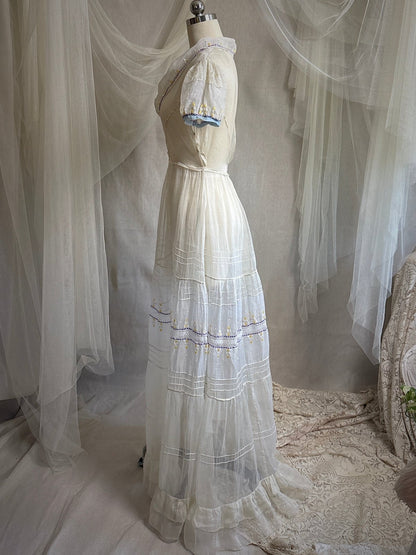 Vintage 1930's Dress - Semi - Sheer Bone White Silk Organza with Open Back | XS - Daggers & Dames