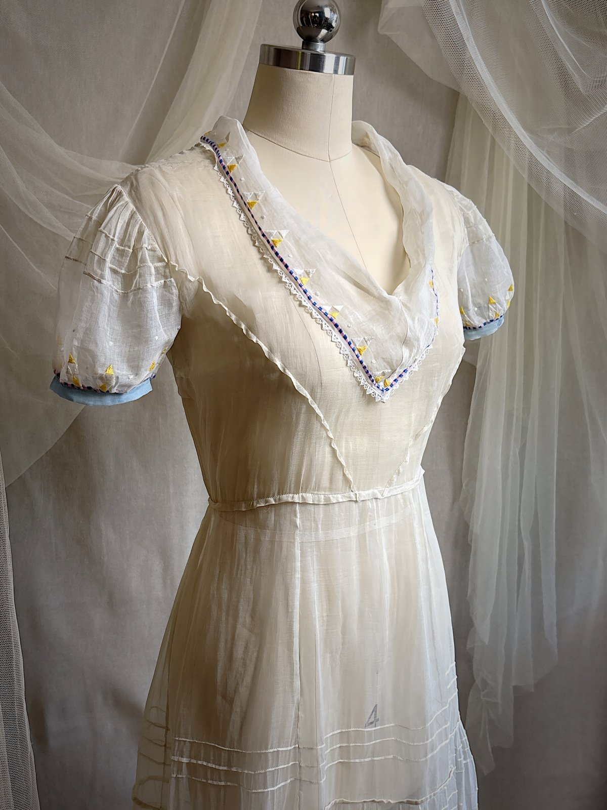 Vintage 1930's Dress - Semi - Sheer Bone White Silk Organza with Open Back | XS - Daggers & Dames