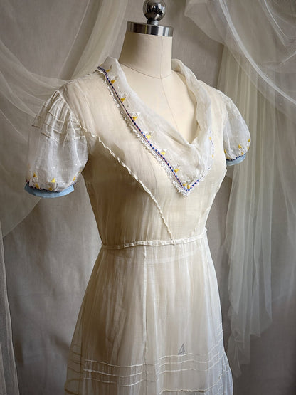 Vintage 1930's Dress - Semi - Sheer Bone White Silk Organza with Open Back | XS - Daggers & Dames