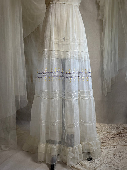 Vintage 1930's Dress - Semi - Sheer Bone White Silk Organza with Open Back | XS - Daggers & Dames