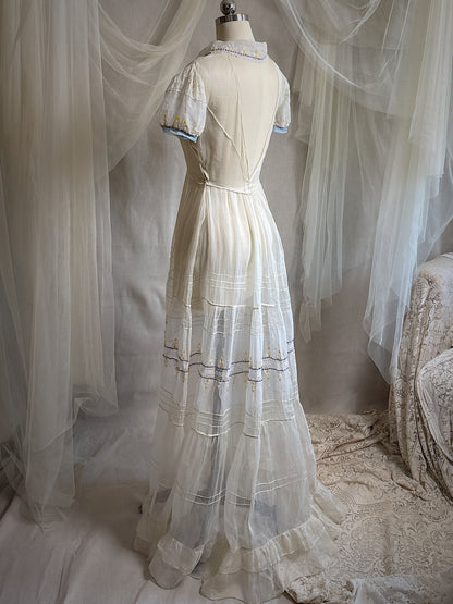 Vintage 1930's Dress - Semi - Sheer Bone White Silk Organza with Open Back | XS - Daggers & Dames