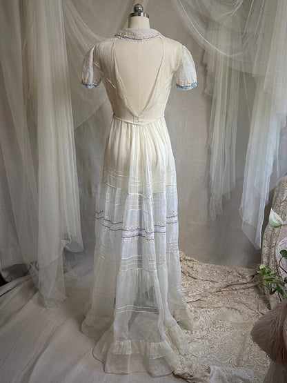 Vintage 1930's Dress - Semi - Sheer Bone White Silk Organza with Open Back | XS - Daggers & Dames