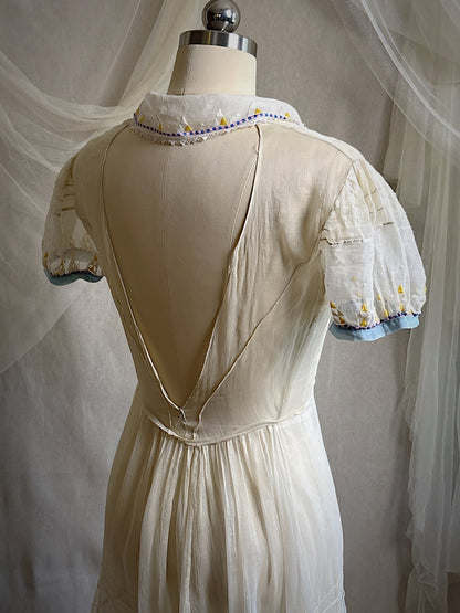 Vintage 1930's Dress - Semi - Sheer Bone White Silk Organza with Open Back | XS - Daggers & Dames