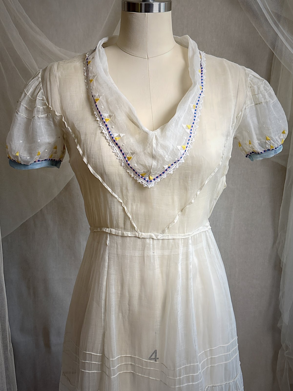 Vintage 1930's Dress - Semi - Sheer Bone White Silk Organza with Open Back | XS - Daggers & Dames
