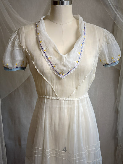 Vintage 1930's Dress - Semi - Sheer Bone White Silk Organza with Open Back | XS - Daggers & Dames