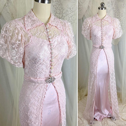 Vintage 1930's Dress Set - Pale Rose Pink Rayon Satin Maxi Slip with Cotton Tambour Lace Duster & Rhinestone Clasp Belt - Size XXS, XS - Daggers & Dames
