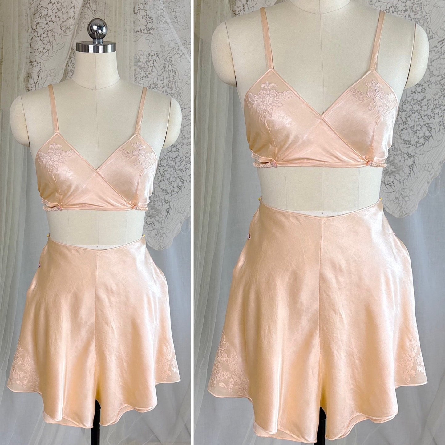 Vintage 1930's Hand Stitched Champagne Silk Satin Kestos Style Bra & Tap Pants Dance Set, size M - Daggers & Dames