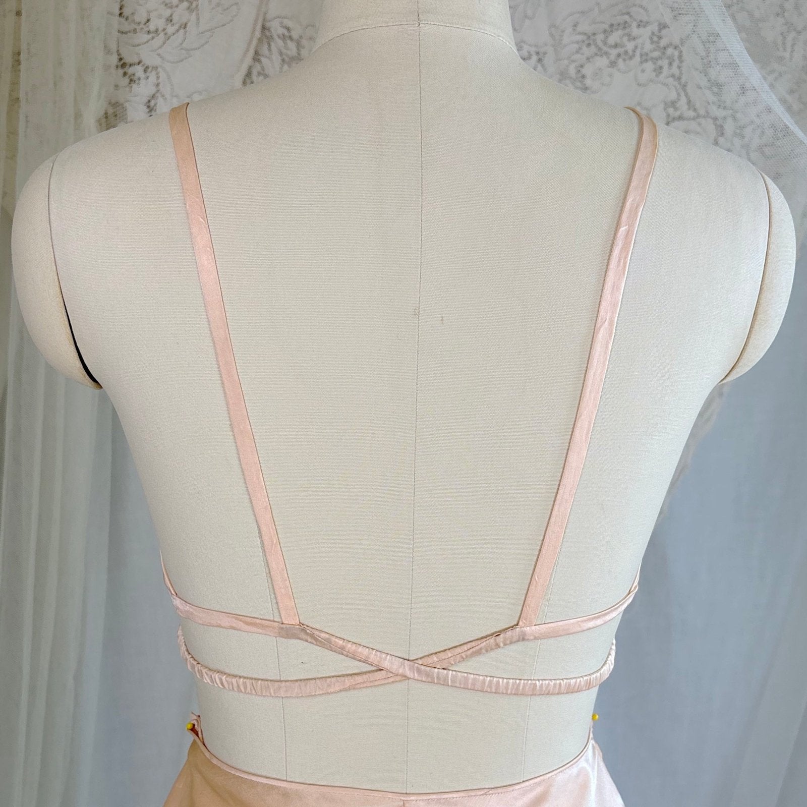 Vintage 1930's Hand Stitched Champagne Silk Satin Kestos Style Bra & Tap Pants Dance Set, size M - Daggers & Dames