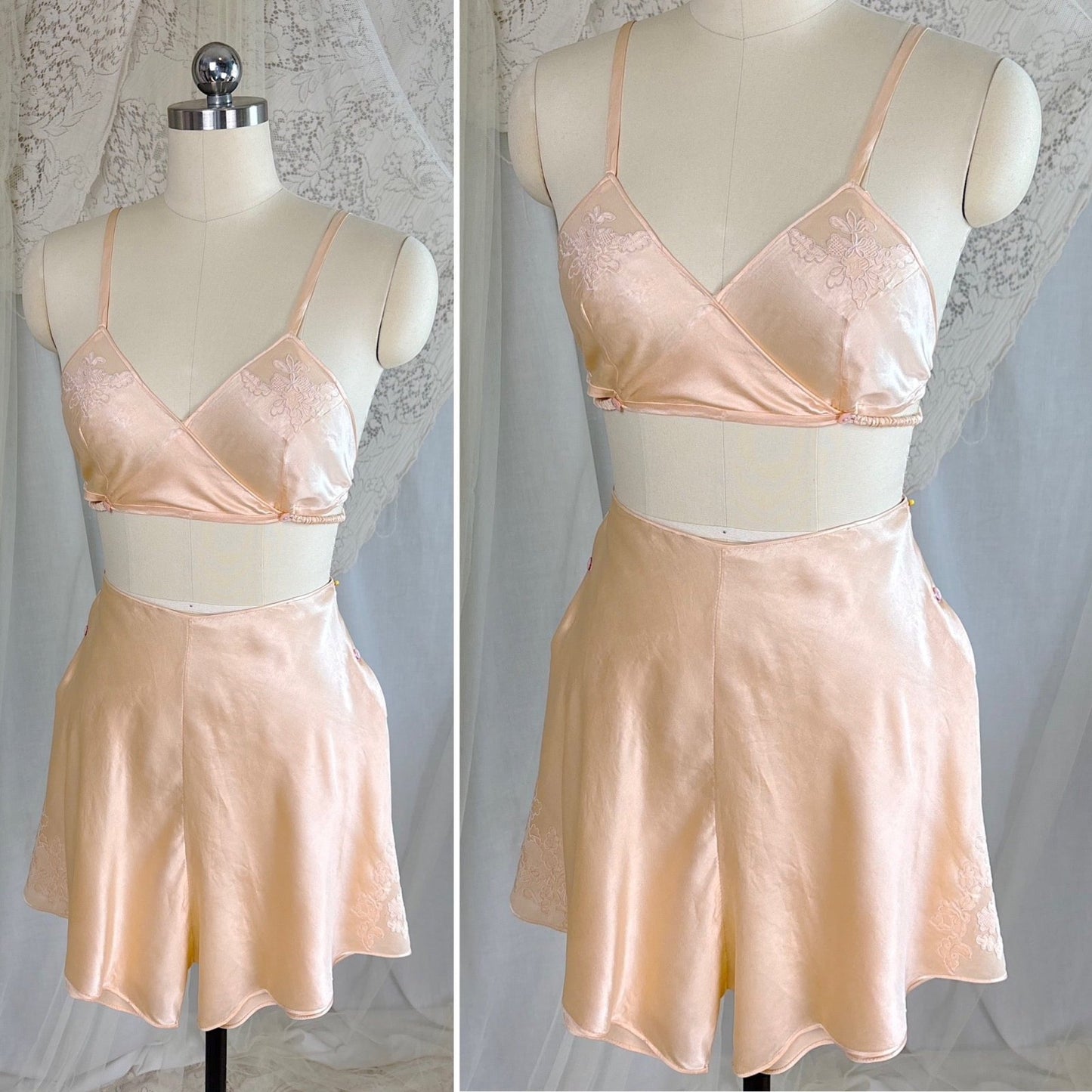 Vintage 1930's Hand Stitched Champagne Silk Satin Kestos Style Bra & Tap Pants Dance Set, size M - Daggers & Dames
