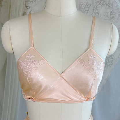 Vintage 1930's Hand Stitched Champagne Silk Satin Kestos Style Bra & Tap Pants Dance Set, size M - Daggers & Dames