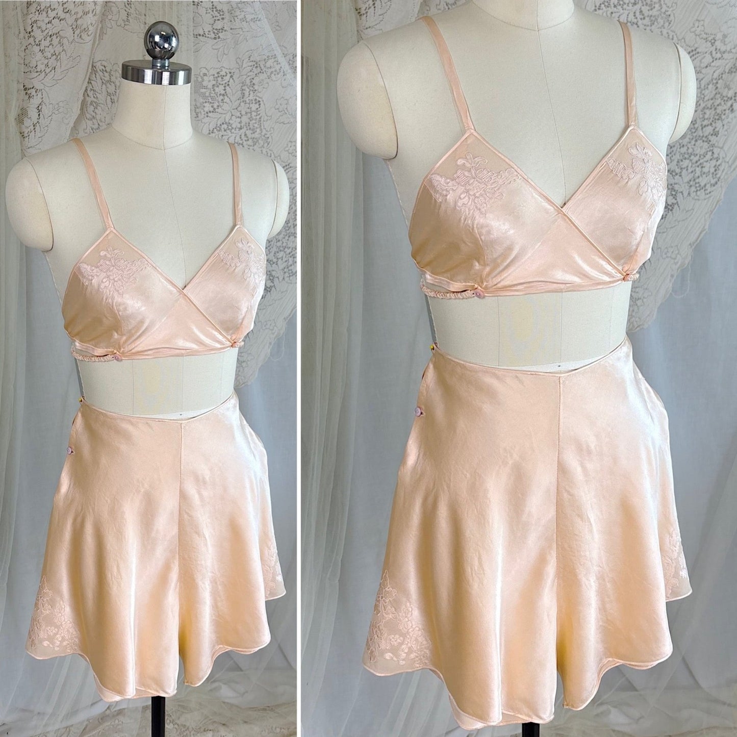Vintage 1930's Hand Stitched Champagne Silk Satin Kestos Style Bra & Tap Pants Dance Set, size M - Daggers & Dames