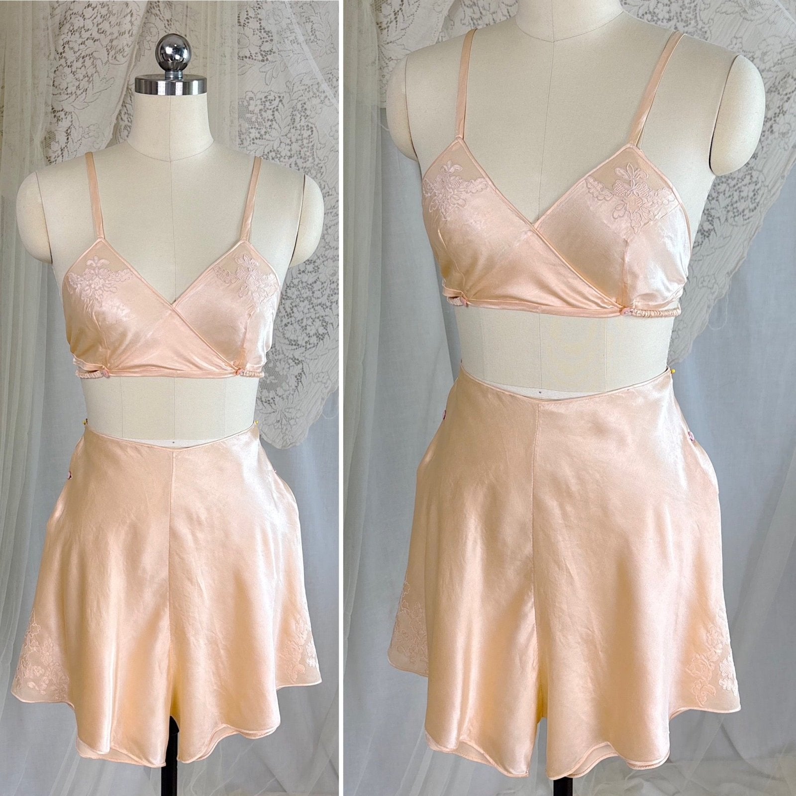 Vintage 1930's Hand Stitched Champagne Silk Satin Kestos Style Bra & Tap Pants Dance Set, size M - Daggers & Dames