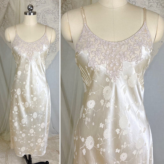 Vintage 1930's Hand Stitched Warm Ivory Silk Slip with Floral Satin Damask - Size M, LG, XL - Daggers & Dames
