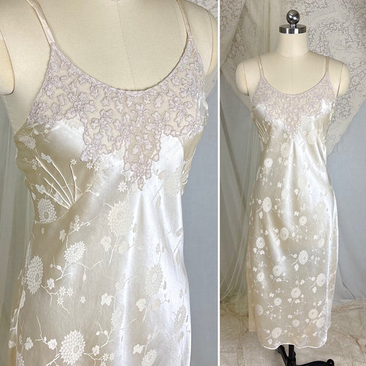 Vintage 1930's Hand Stitched Warm Ivory Silk Slip with Floral Satin Damask - Size M, LG, XL - Daggers & Dames