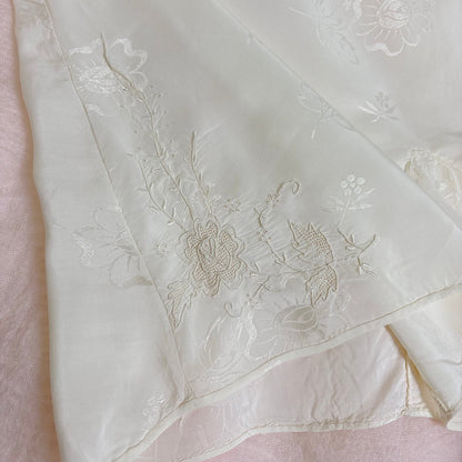 Vintage 1930's Hand Stitched White Silk Tap Pants with Satin Rose Damask Pattern - Size XS - Daggers & Dames